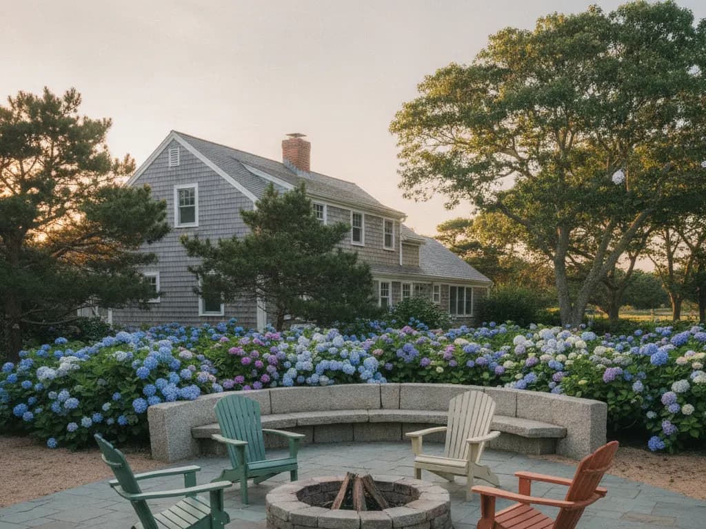 Paver patio and walkway in a landscaped Cape Cod backyard