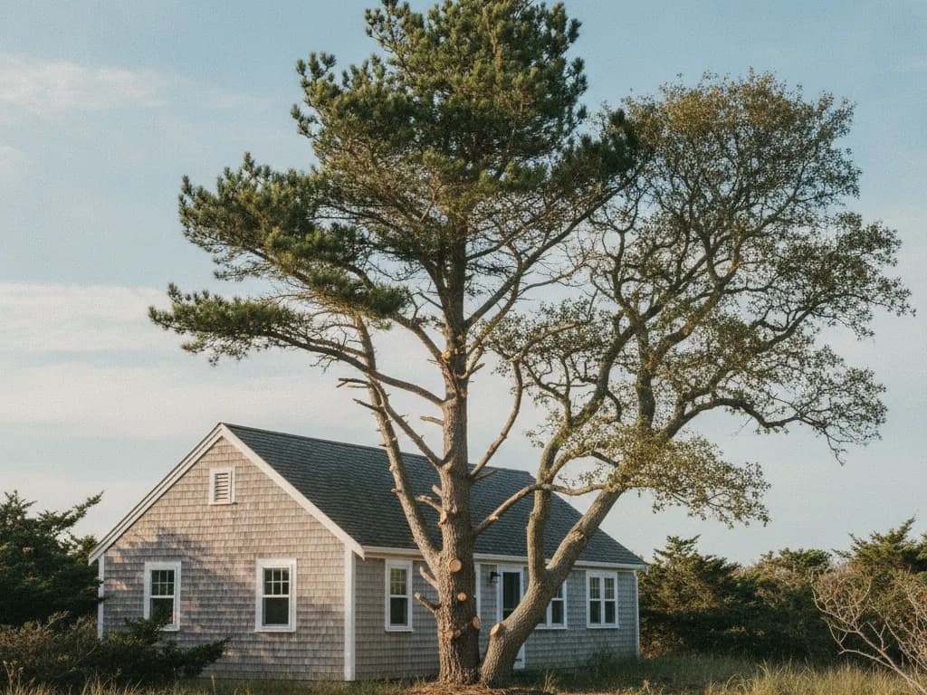 Crew removing a tall pine tree beside a Cape Cod home
